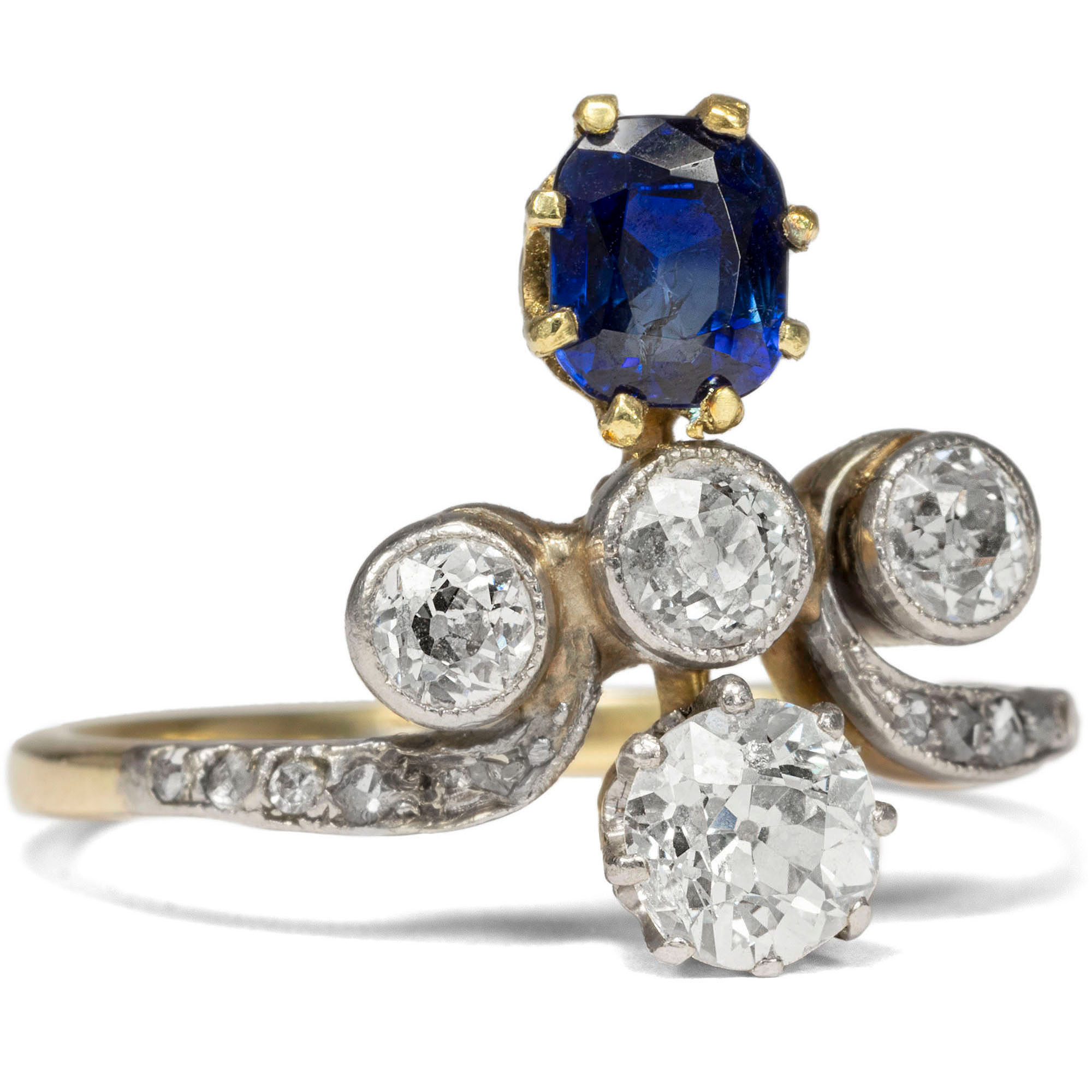 Antique Tiara Ring With Diamonds & Sapphire, Around 1910