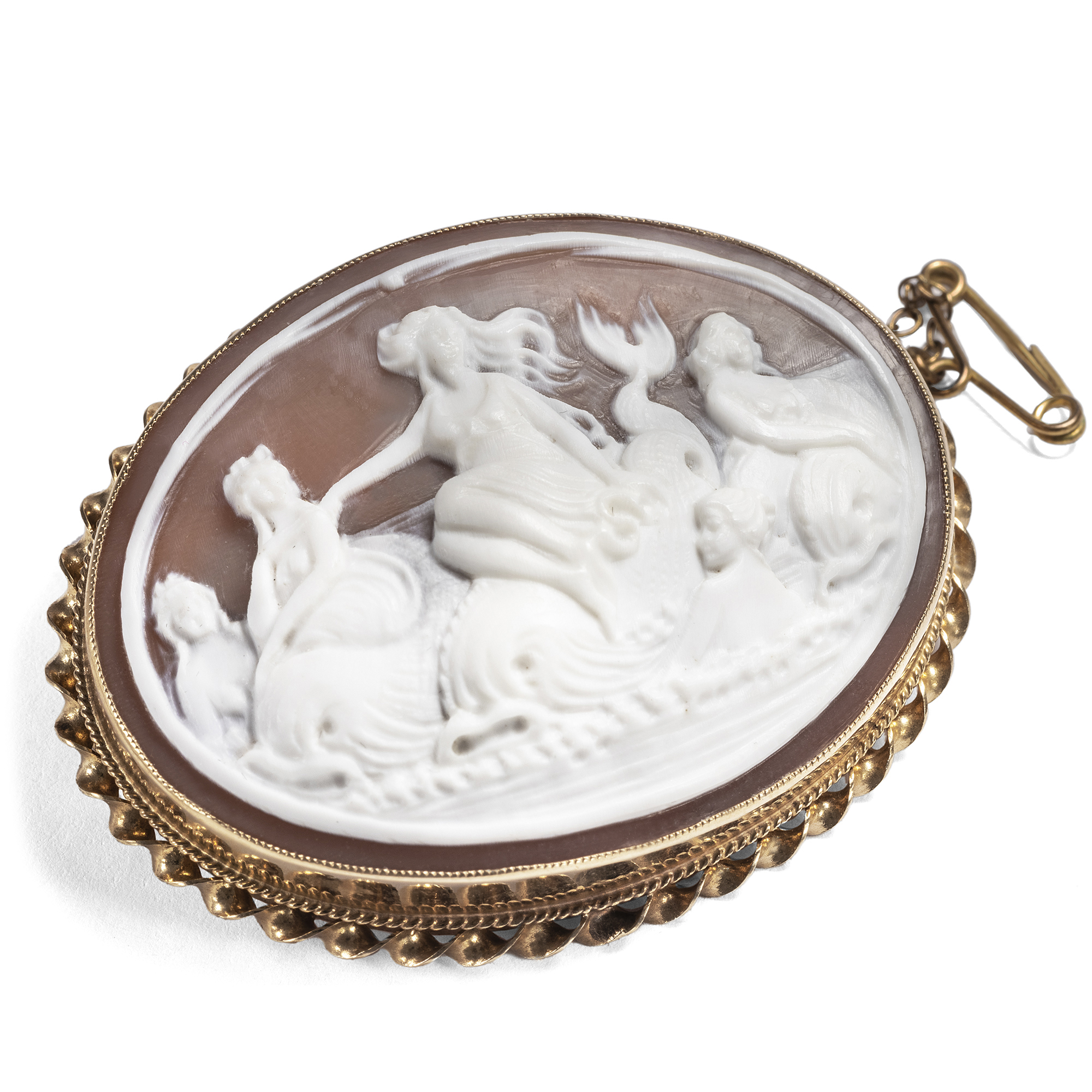 Italian Shell Cameo in Gold Setting With Mythological Representation, Around 1972