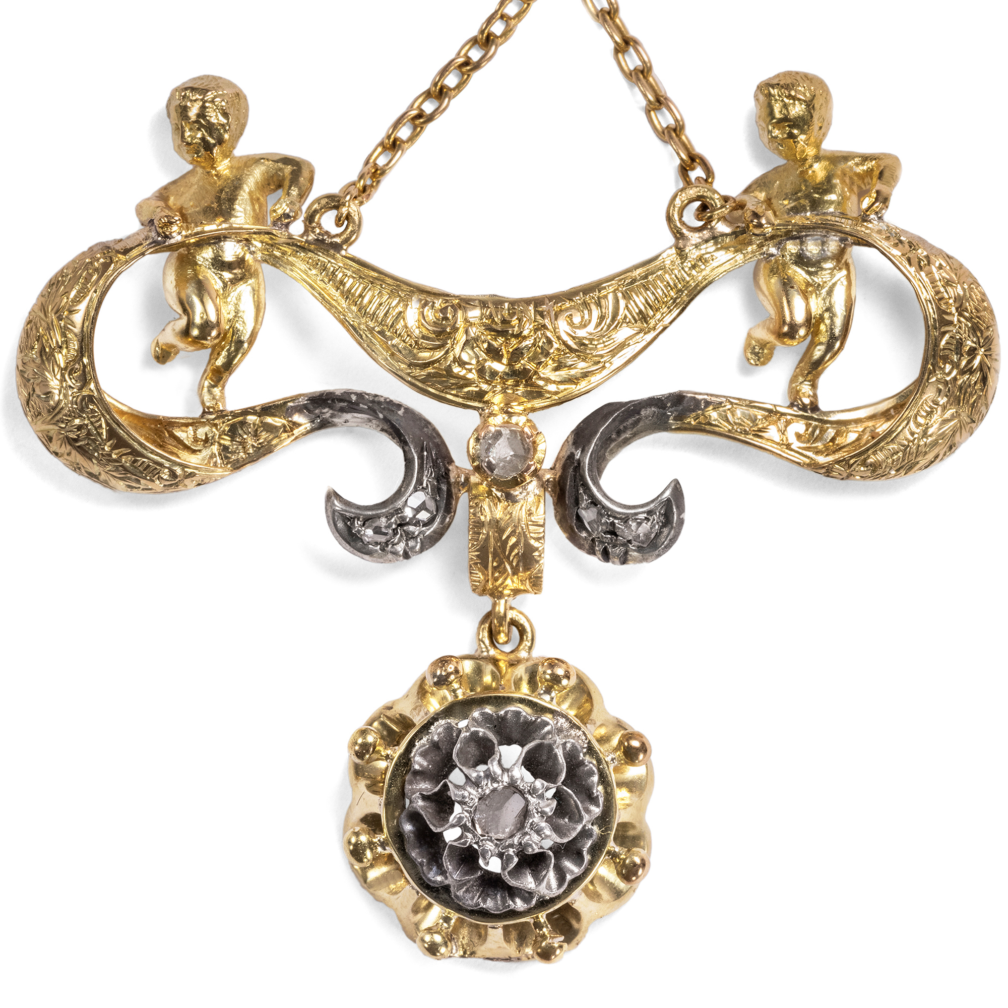 Romantic Gold & Diamond Putti Pendant, England ca. 1900