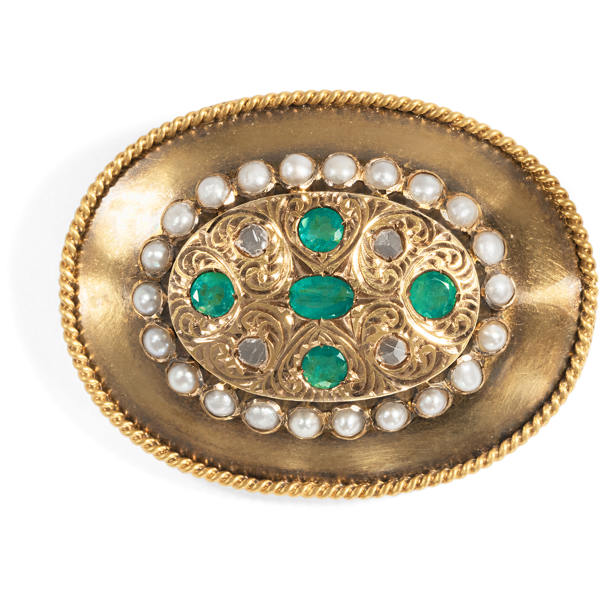 Attractive Brooch Made of Gold, Diamonds, Pearls & Emeralds, around 1950