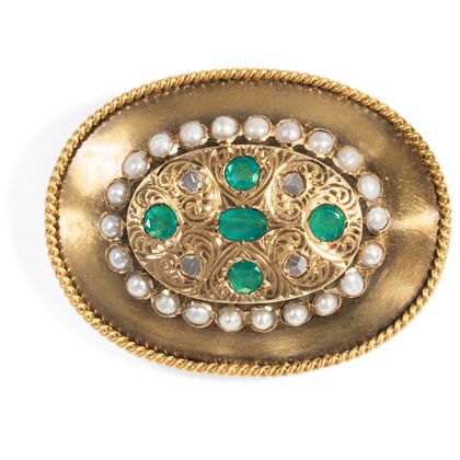 Ansprechende Brosche aus Gold, Diamanten, Perlen & Smaragden, um 1950 Ansprechende Brosche aus Gold, Diamanten, Perlen & Smaragden, um 1950