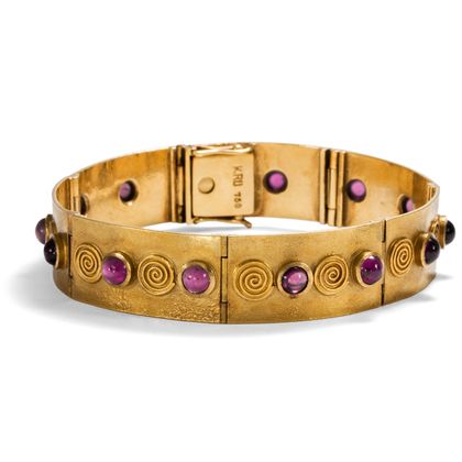 Elegantes Künstler-Armband mit Rhodolithen in Gold von Käthe Ruckenbrod, um 1950 Elegantes Künstler-Armband mit Rhodolithen in Gold von Käthe Ruckenbrod, um 1950