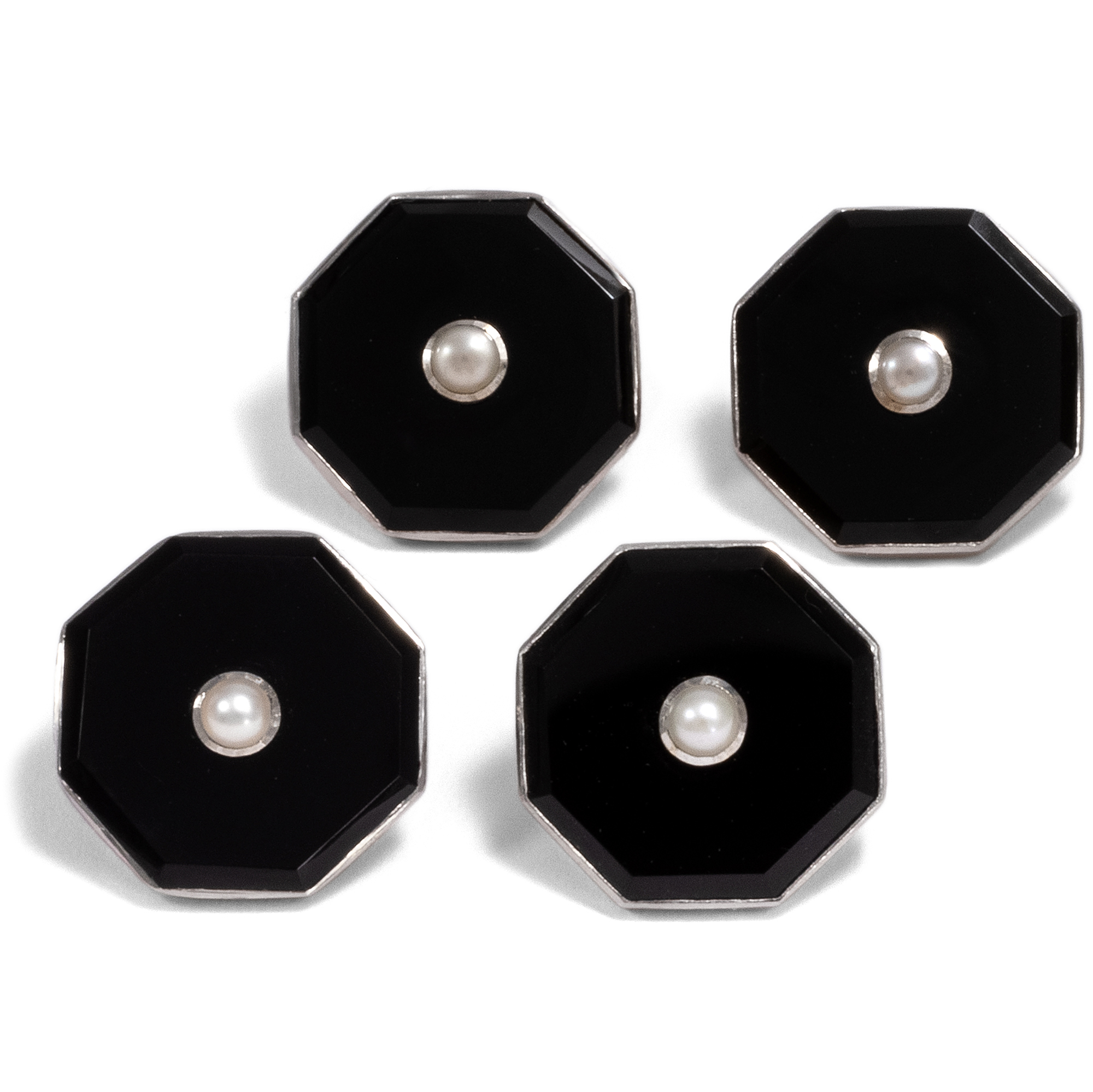 Antike Frackknöpfe aus Gold, Platin, Onyx & Perlen, London um 1940 Antike Frackknöpfe aus Gold, Platin, Onyx & Perlen, London um 1940