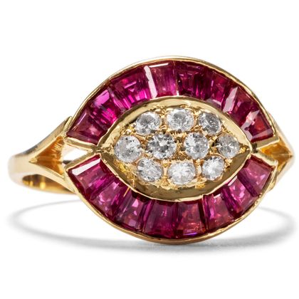 Feiner vintage Ring mit Rubinen & Diamanten in Gold, Italien um 1985 Feiner vintage Ring mit Rubinen & Diamanten in Gold, Italien um 1985