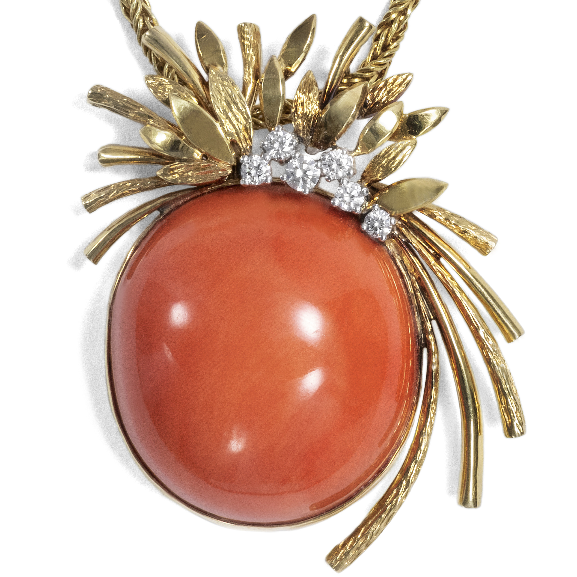 Glamorous Vintage Pendant With Coral & Diamonds On Gold Chain, Circa 1970