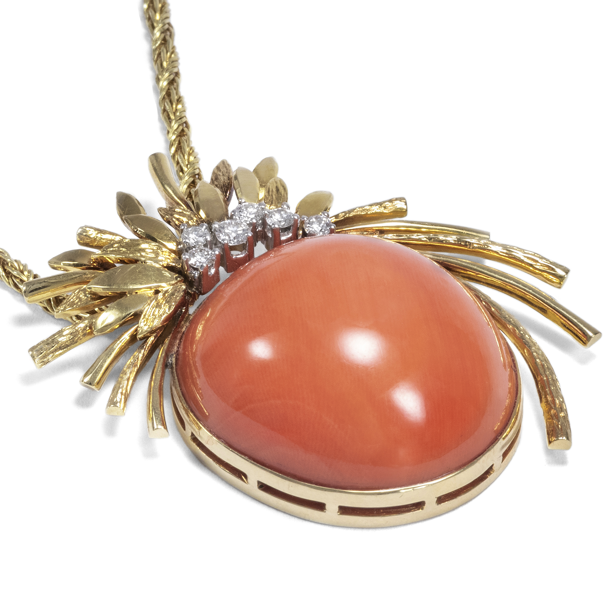 Glamorous Vintage Pendant With Coral & Diamonds On Gold Chain, Circa 1970