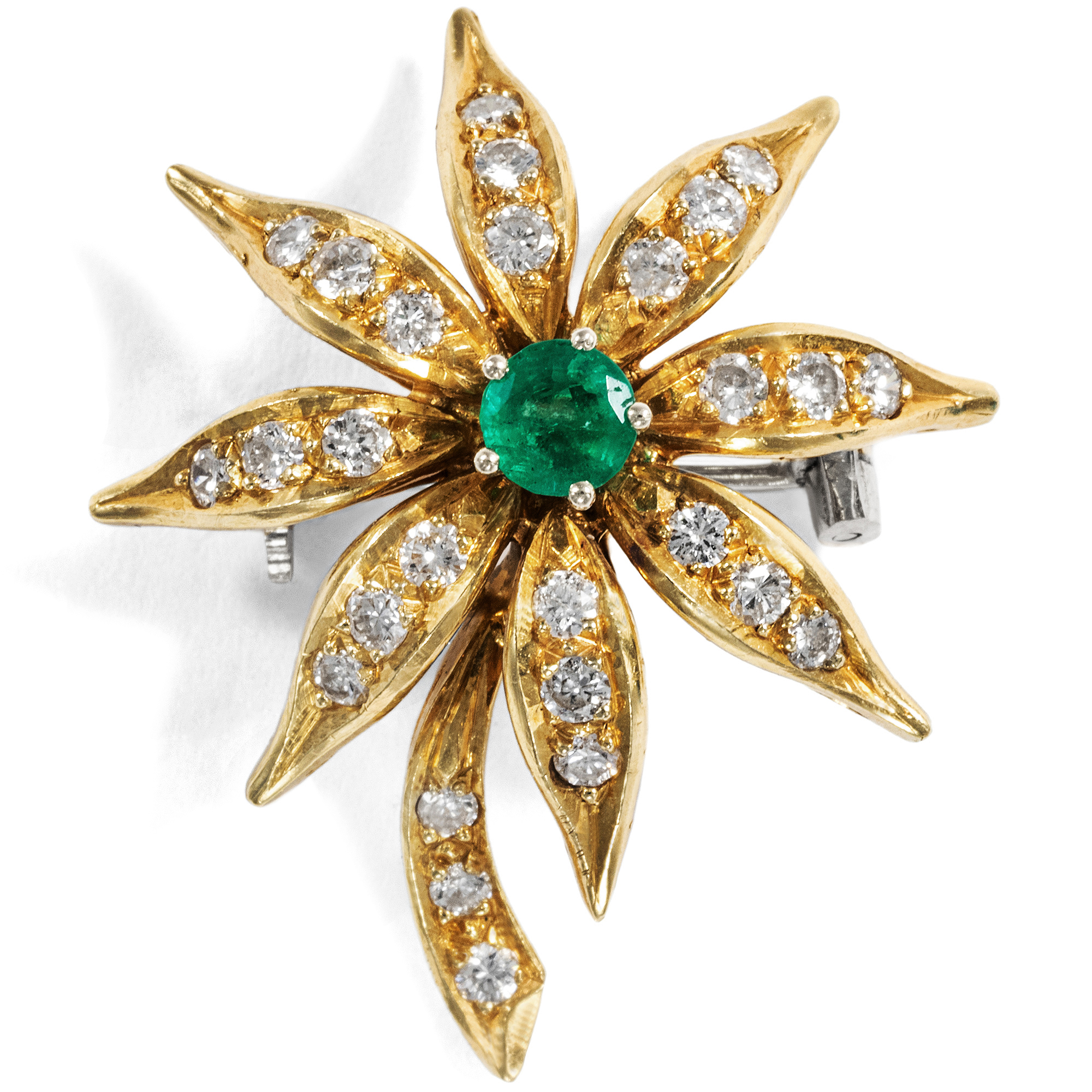 Vintage Brooch with Emerald & Diamonds in Gold, Italy c. 1985