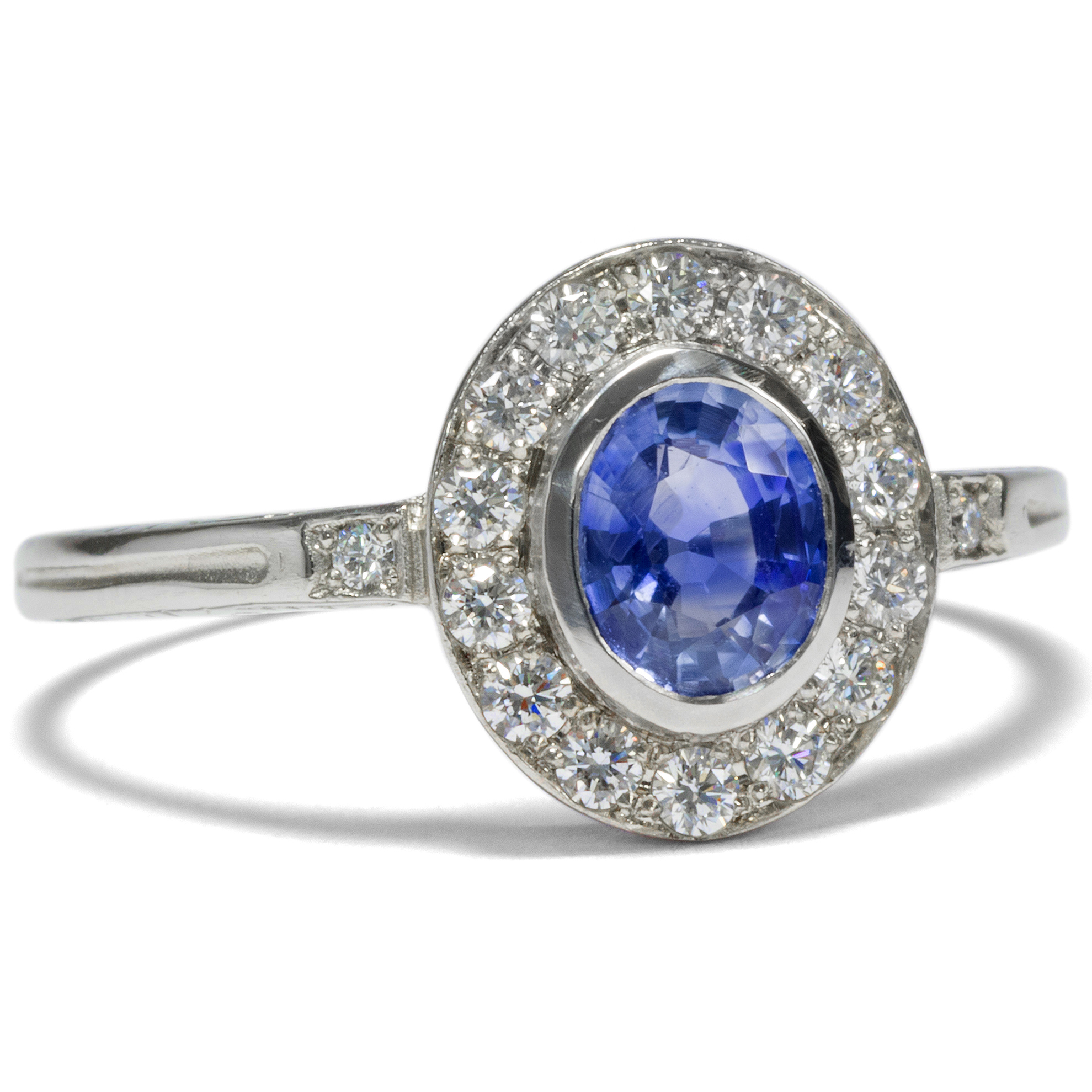 Classic Ceylon Sapphire & Diamond Ring in Platinum, Made in Our Workshop