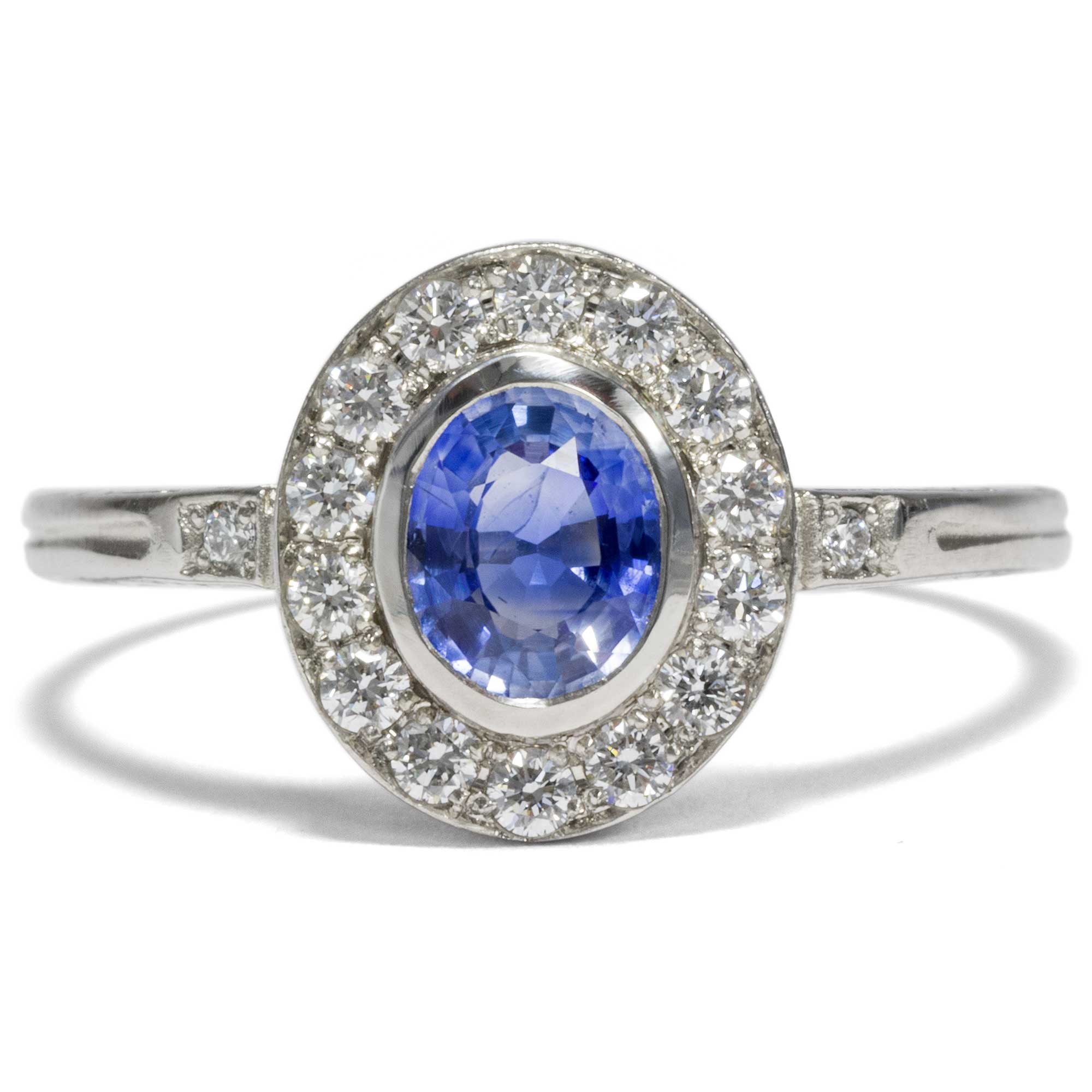 Classic Ceylon Sapphire & Diamond Ring in Platinum, Made in Our Workshop