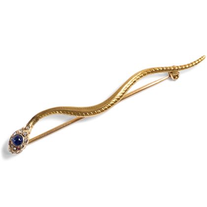 Antike Schlangen-Brosche mit Saphir, Rubinen & Diamanten in Gold, um 1880 Antike Schlangen-Brosche mit Saphir, Rubinen & Diamanten in Gold, um 1880