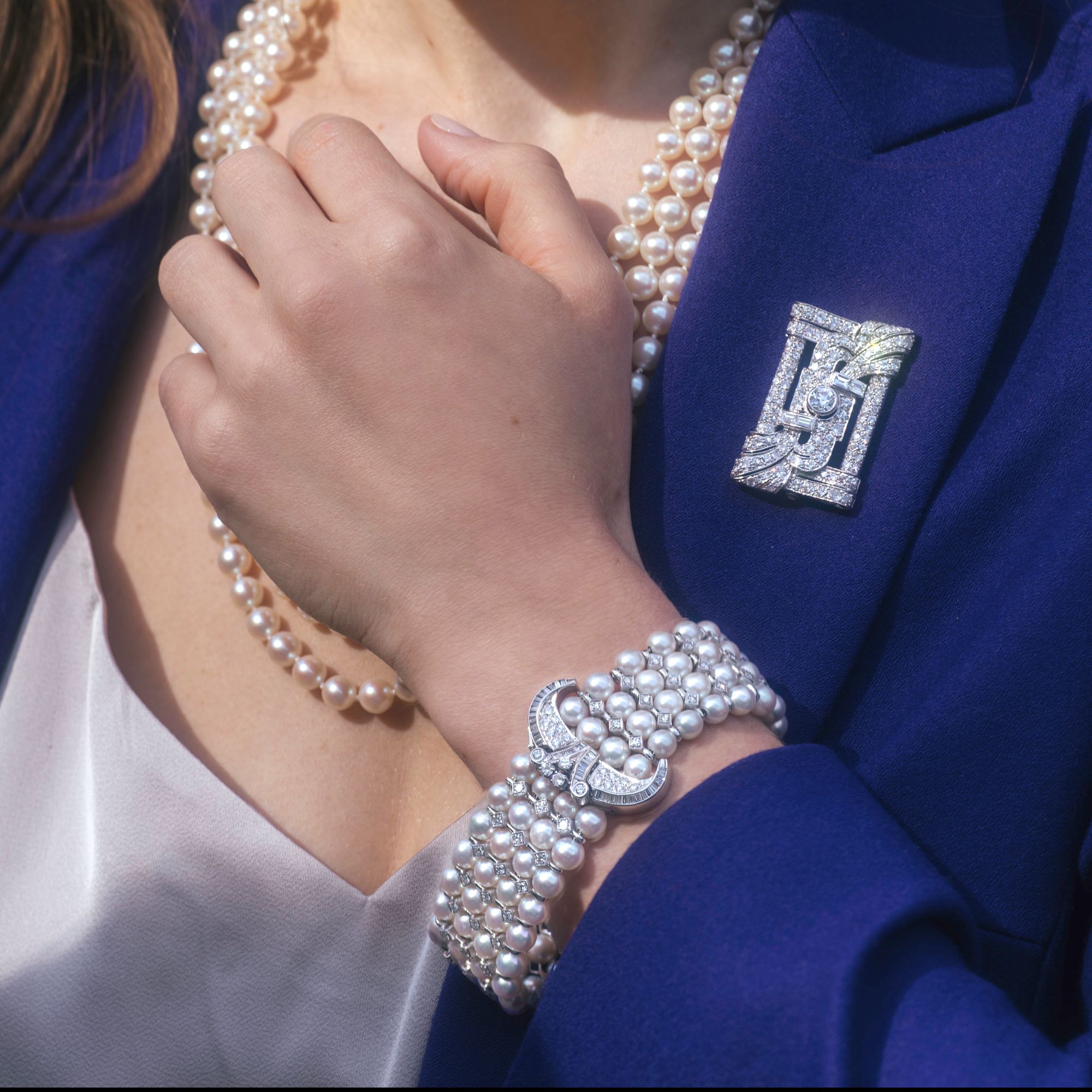 Glamorous Jarretière Bracelet Made of Pearls & Diamonds, ca. 1965