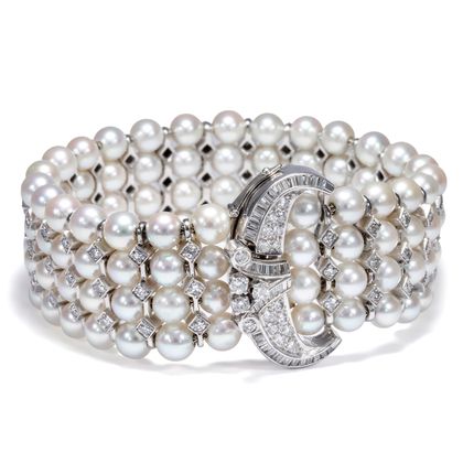 Glamouröses Jarretière-Armband aus Perlen & Diamanten, um 1965 Glamouröses Jarretière-Armband aus Perlen & Diamanten, um 1965
