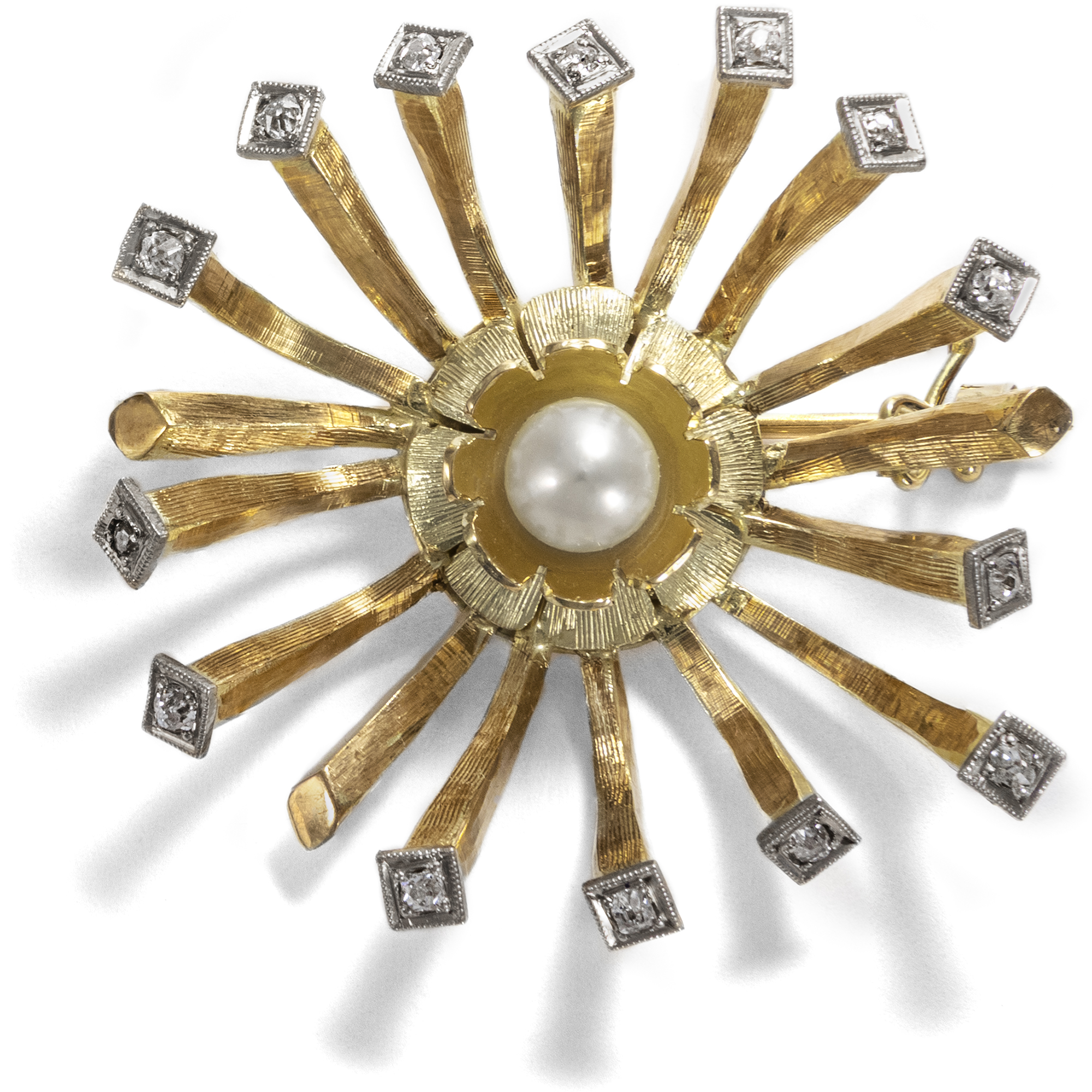 Expressive Vintage Brooch With Pearl & Diamonds in Gold, Germany ca. 1960