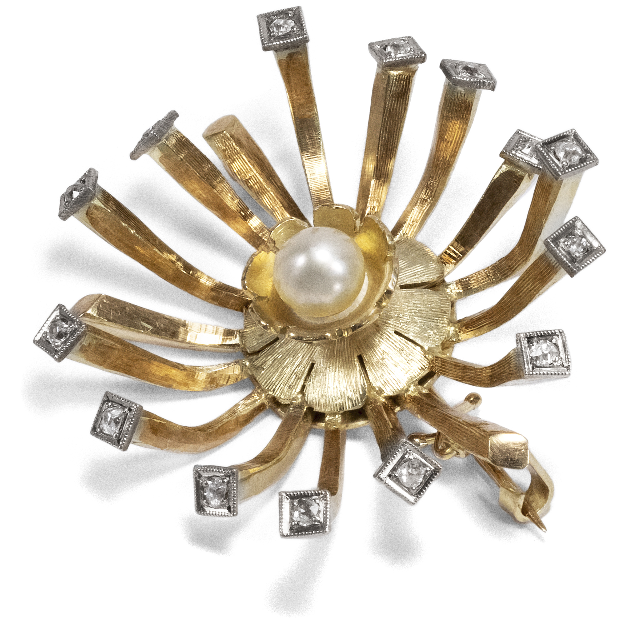 Expressive Vintage Brooch With Pearl & Diamonds in Gold, Germany ca. 1960