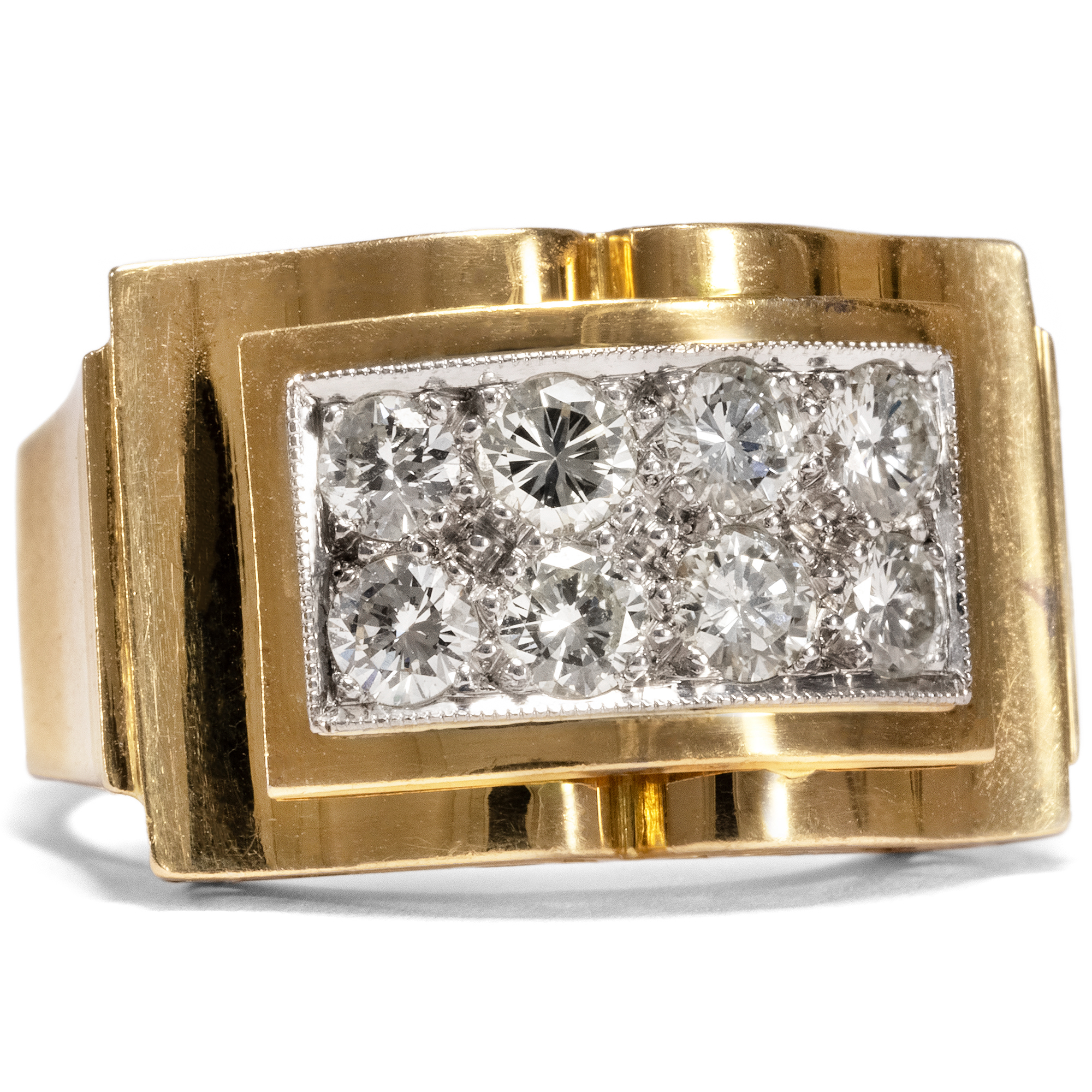 Powerful "Tank" Ring In Retro Style With Diamonds In Gold, Belgium 1940s