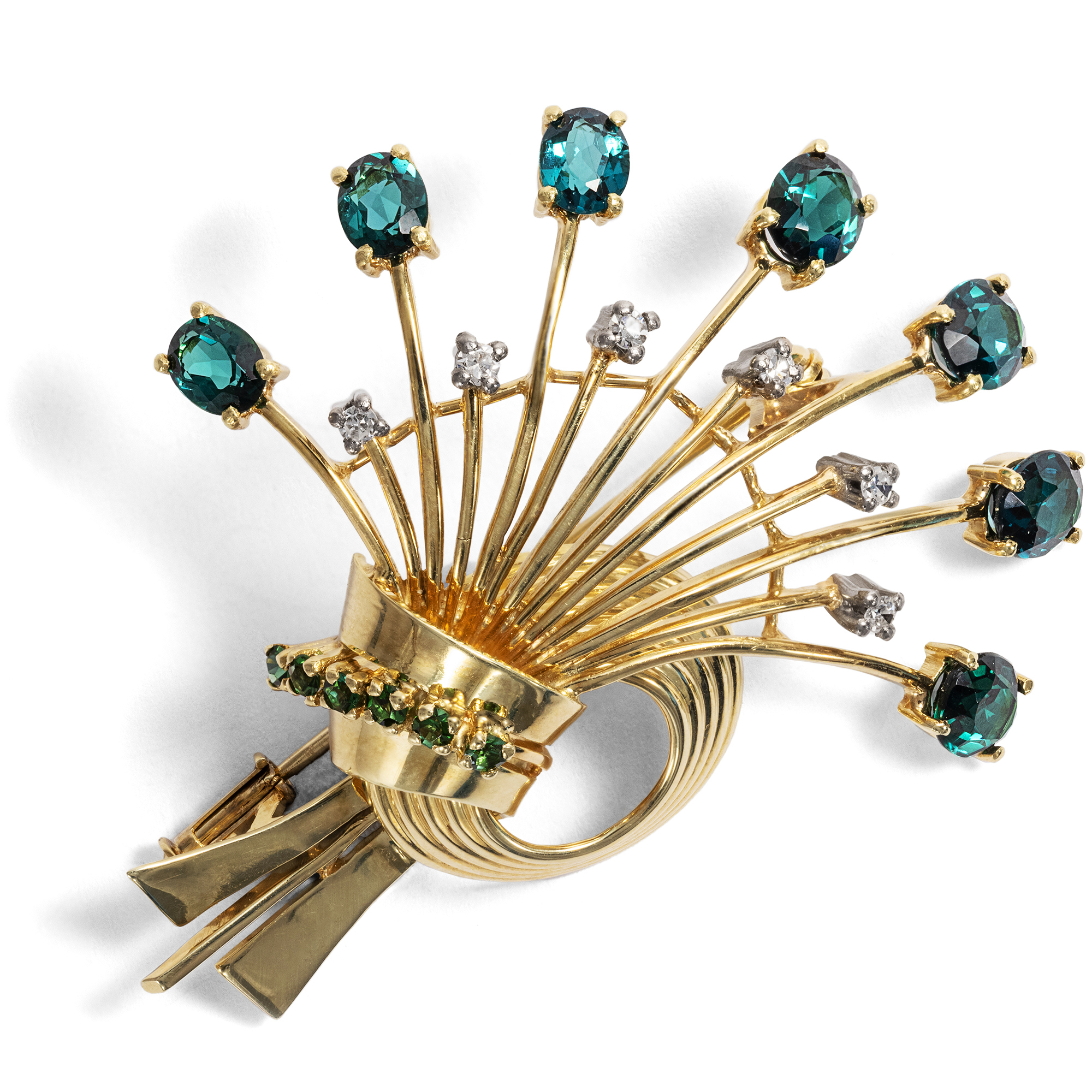 With New Momentum • Magnificent Vintage Brooch With Indicolites & Diamonds  in Gold, ca. 1955 • Hofer Antikschmuck