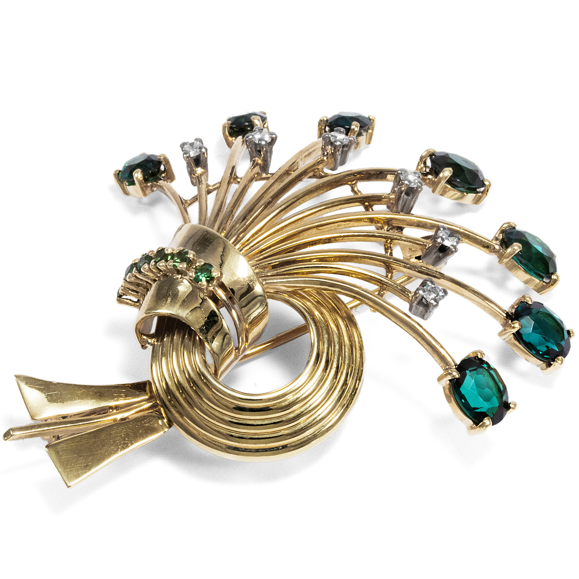 Magnificent Vintage Brooch With Indicolites & Diamonds in Gold, ca. 1955