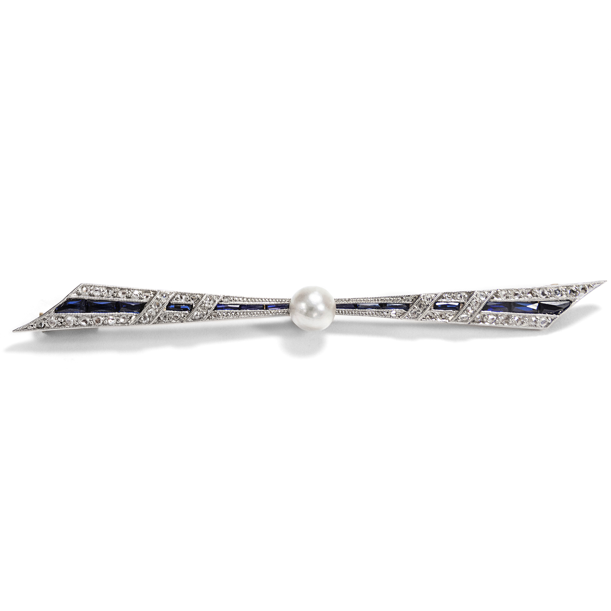 Elegant Art Deco Bow Brooch With Sapphires, Diamonds & Pearl, ca. 1925