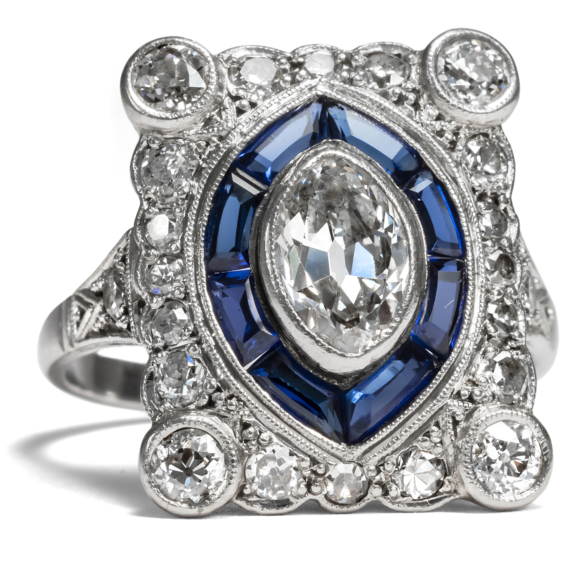 Antique Art Deco Ring With Diamonds & Sapphires In Platinum, Circa 1930