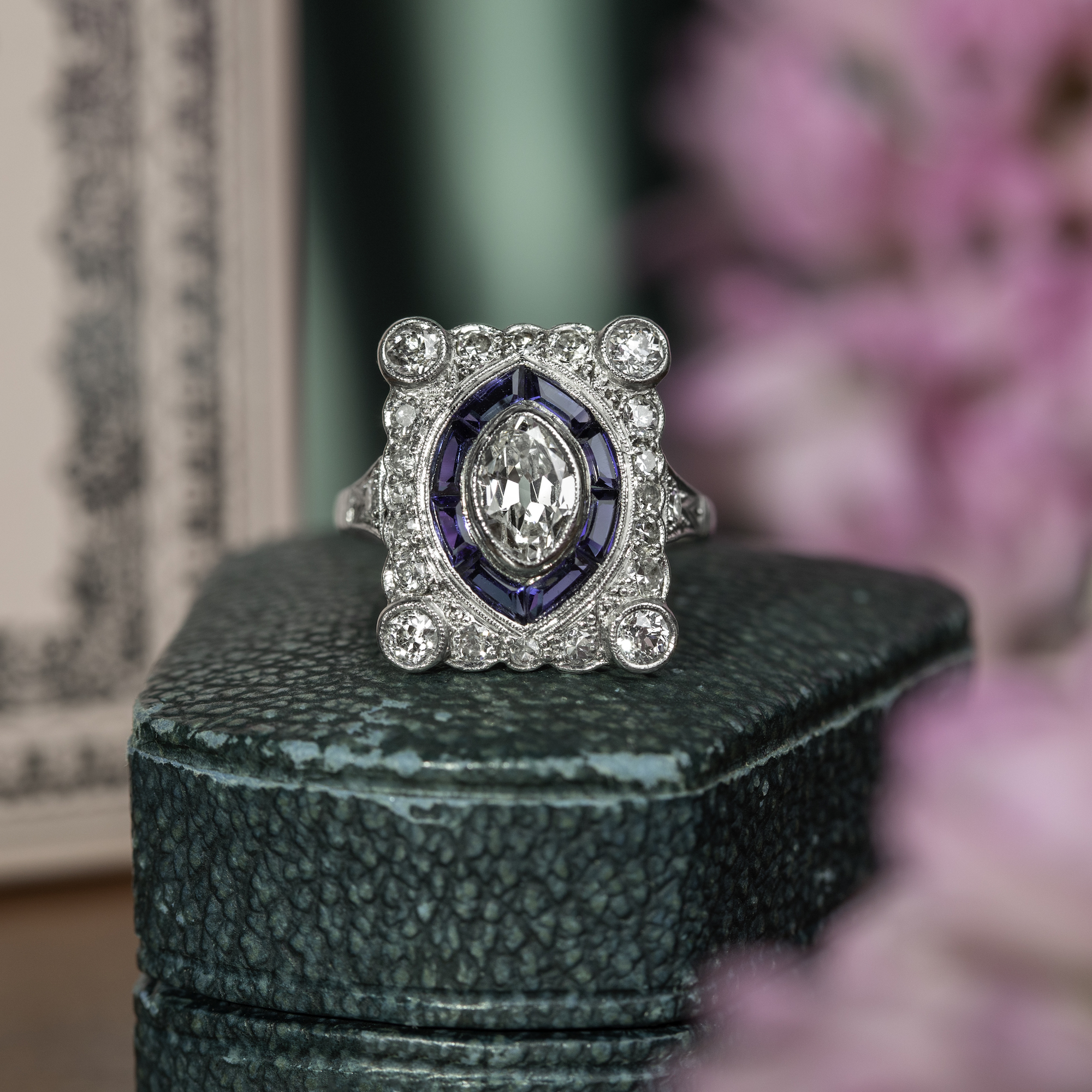 Antique Art Deco Ring With Diamonds & Sapphires In Platinum, Circa 1930