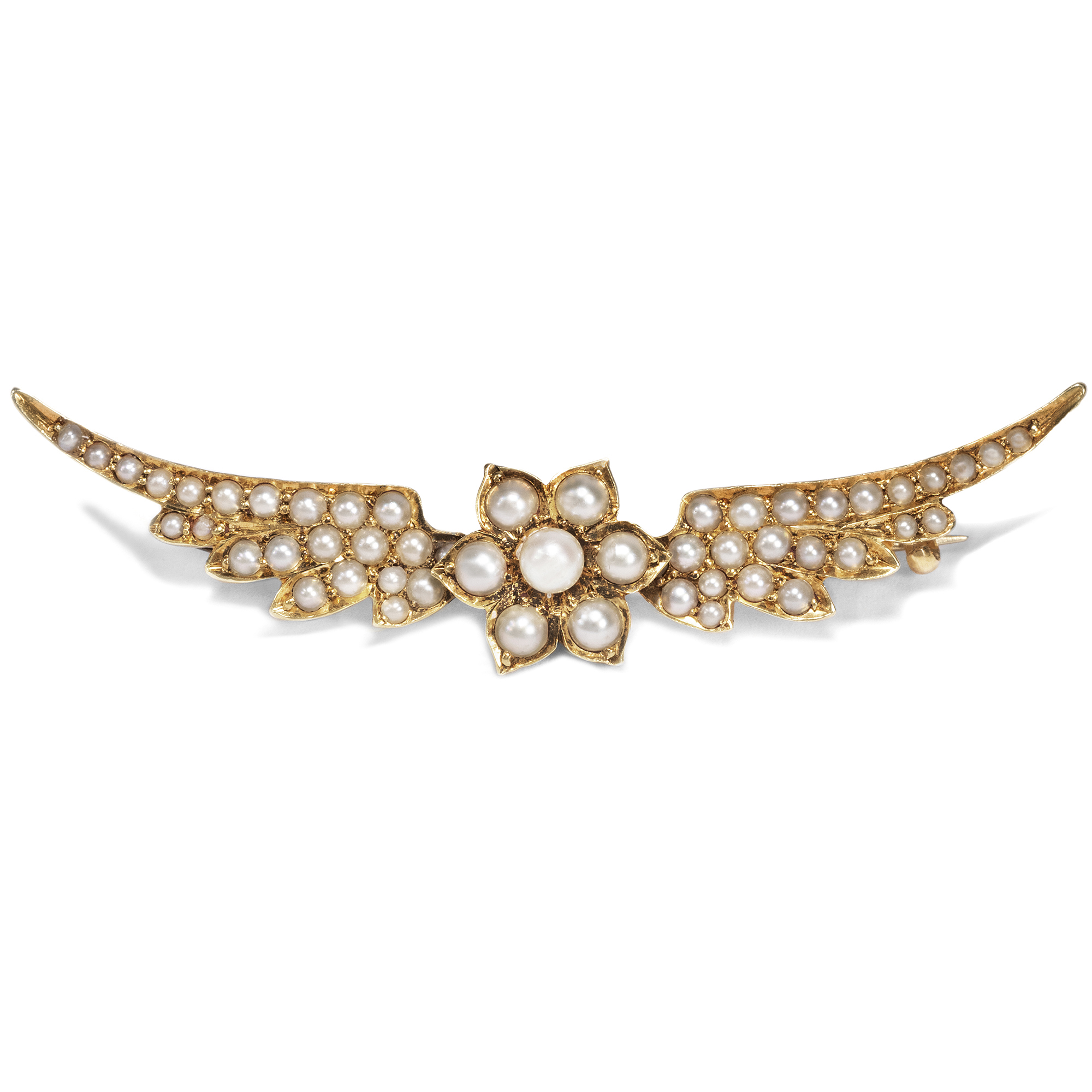 Antique Wing Brooch With Natural Pearls in Gold, Great Britain ca. 1900