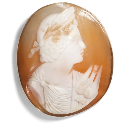 Antike Brosche mit Muschelkamee des Apollon, um 1880 und später Antike Brosche mit Muschelkamee des Apollon, um 1880 und später