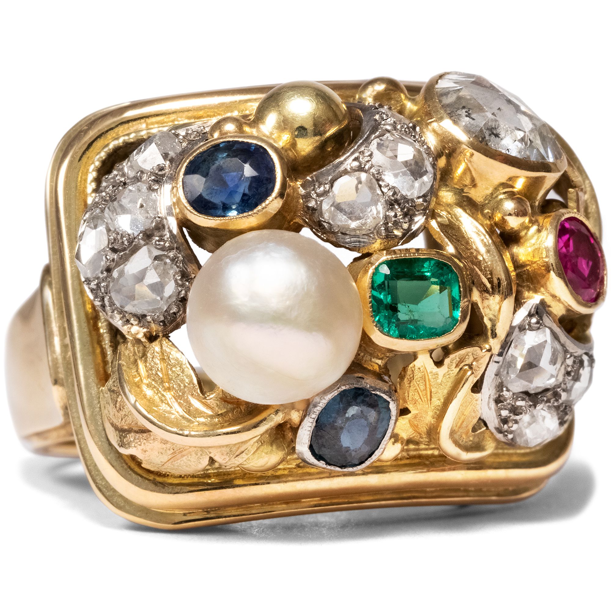 Exquisite Ring With Natural Pearl, Diamonds & Gemstones, Germany 1930s