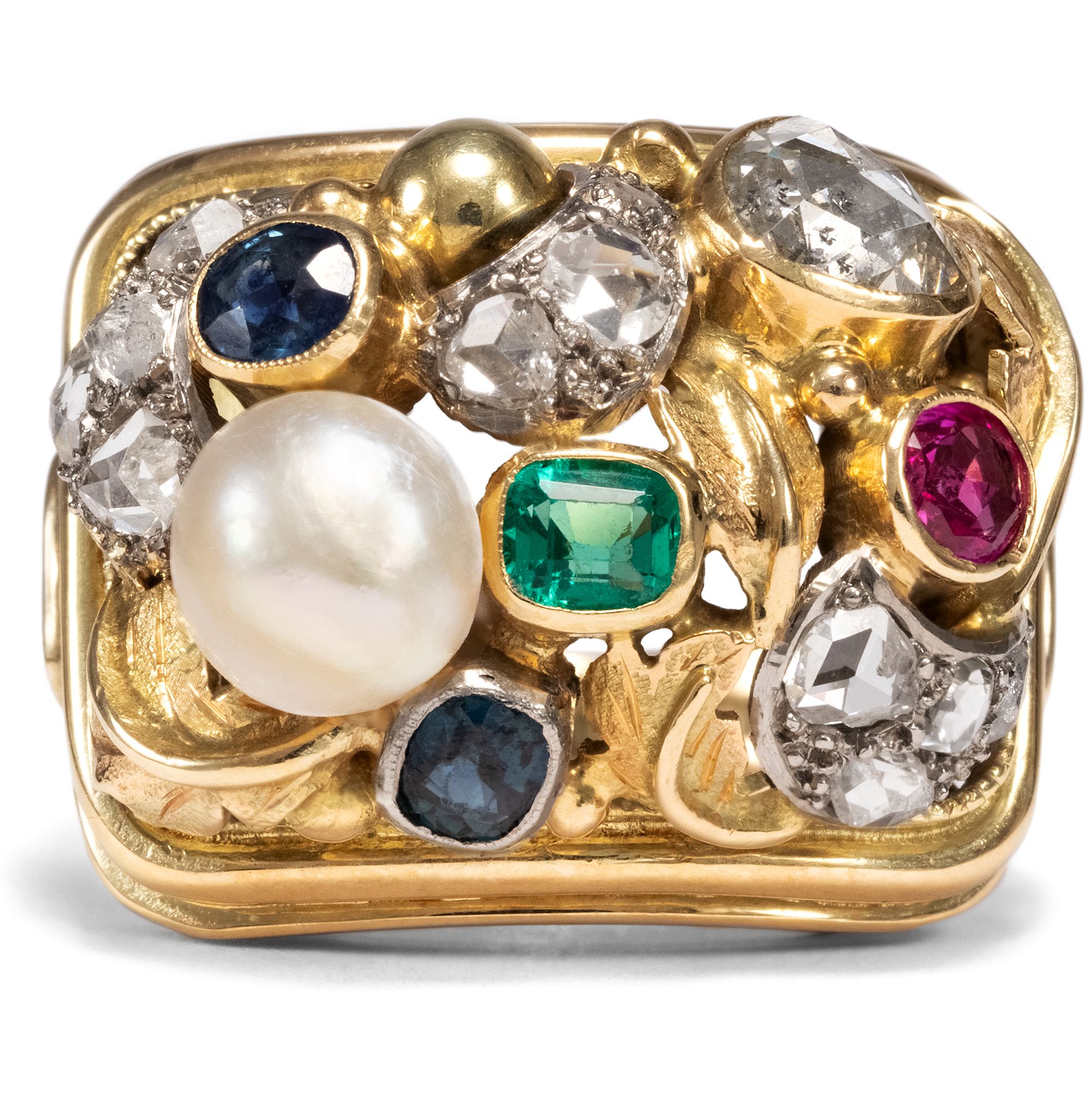 Exquisite Ring With Natural Pearl, Diamonds & Gemstones, Germany 1930s