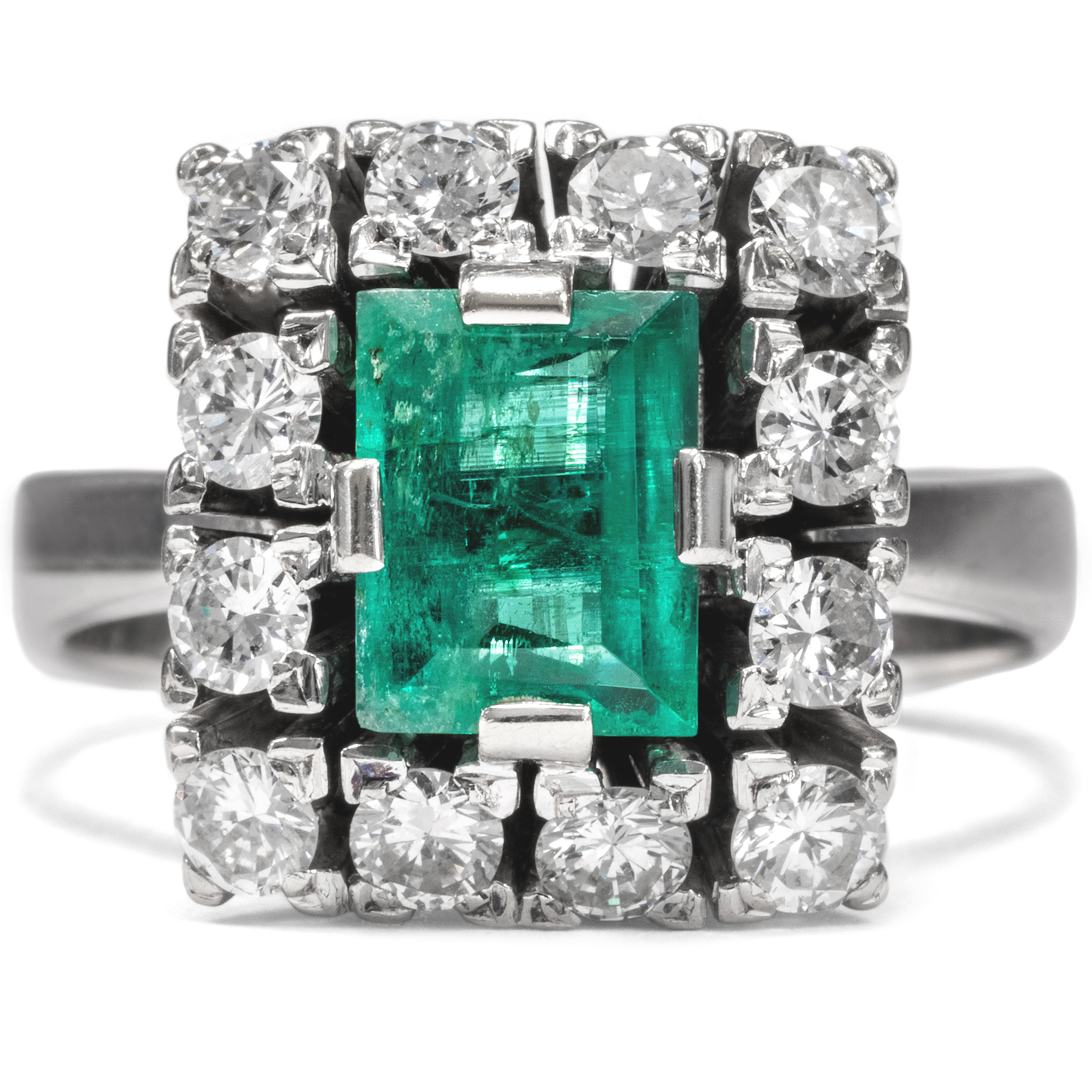Ausdrucksstarker vintage Weißgoldring mit Smaragd & Diamanten, um 1965 Ausdrucksstarker vintage Weißgoldring mit Smaragd & Diamanten, um 1965
