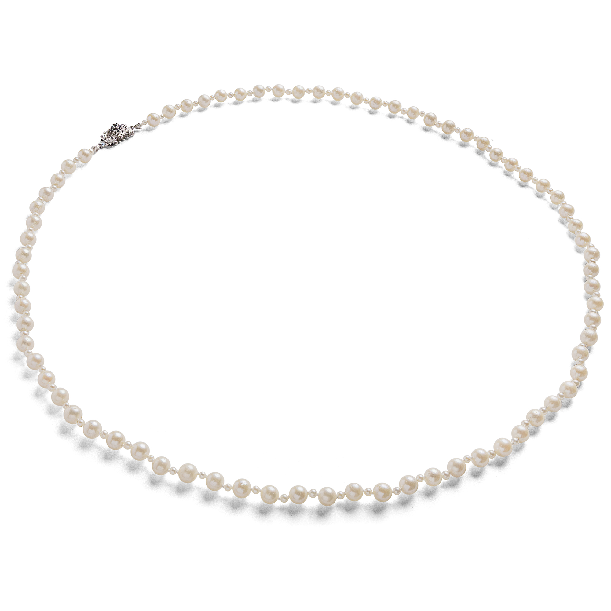 Vintage Opera Length Pearl Necklace With White Gold Clasp, ca. 1970