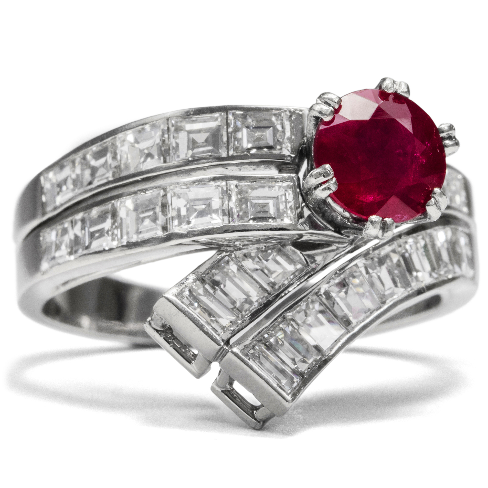 Gorgeous Platinum Ring With Ruby & Baguette Diamonds, ca. 1960