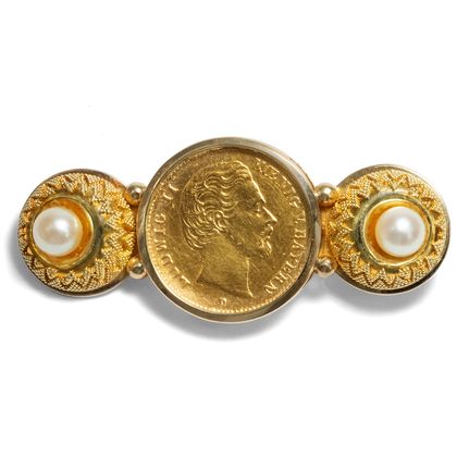 Vintage Brosche mit antiker 5-Mark Goldmünze von Ludwig II. von Bayern, 1877 & um 1950 Vintage Brosche mit antiker 5-Mark Goldmünze von Ludwig II. von Bayern, 1877 & um 1950