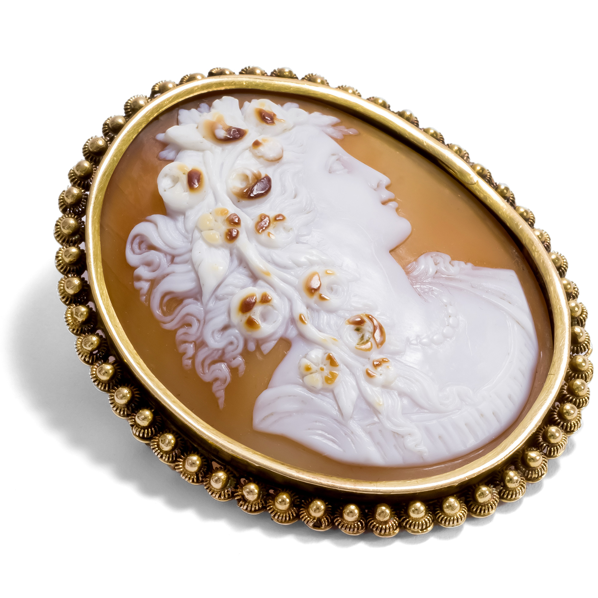 Antique Shell Cameo of the Goddess Flora as a Brooch, ca. 1860