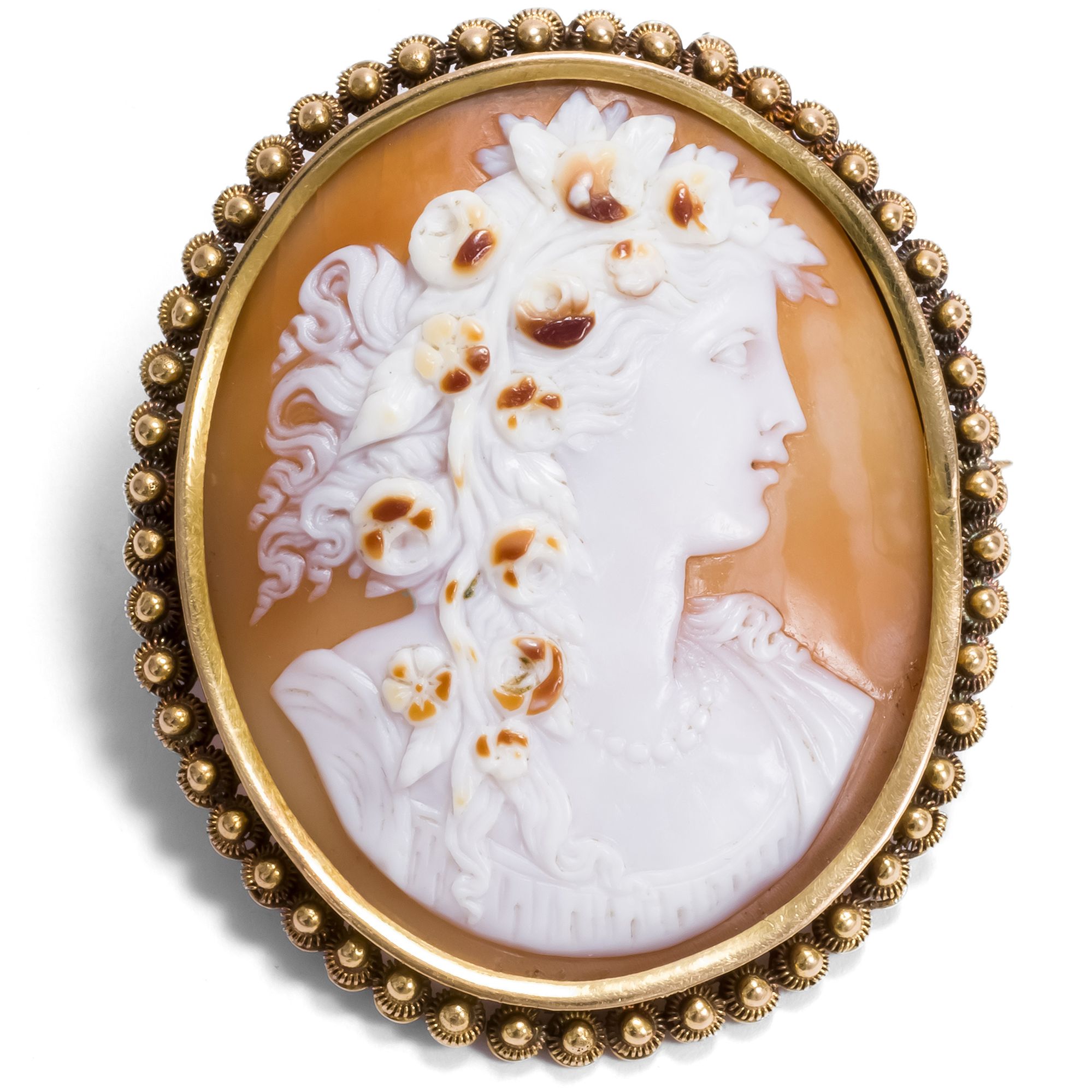 Antique Shell Cameo of the Goddess Flora as a Brooch, ca. 1860