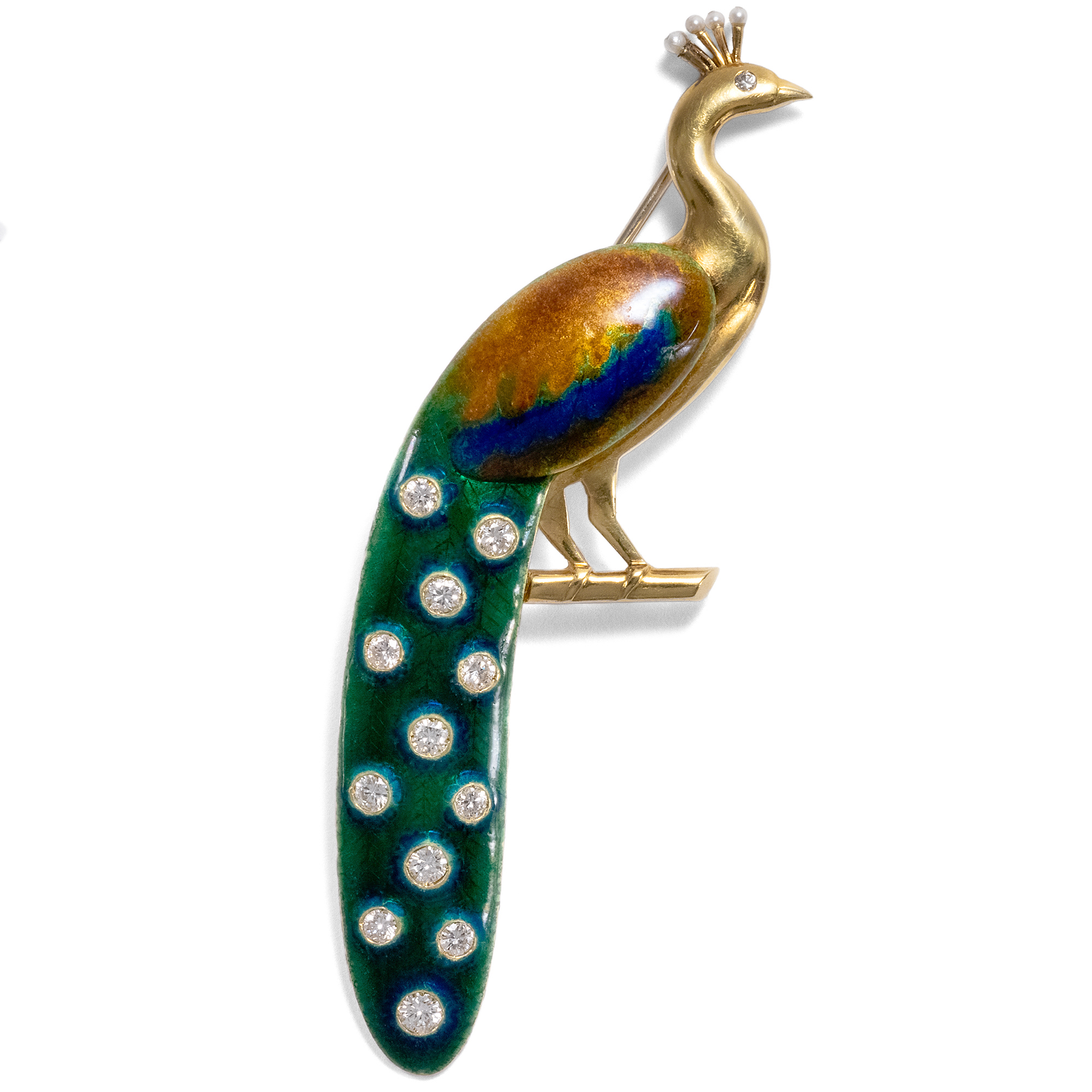 Precious Peacock Brooch of Gold, Enamel & Diamonds, ca. 1970