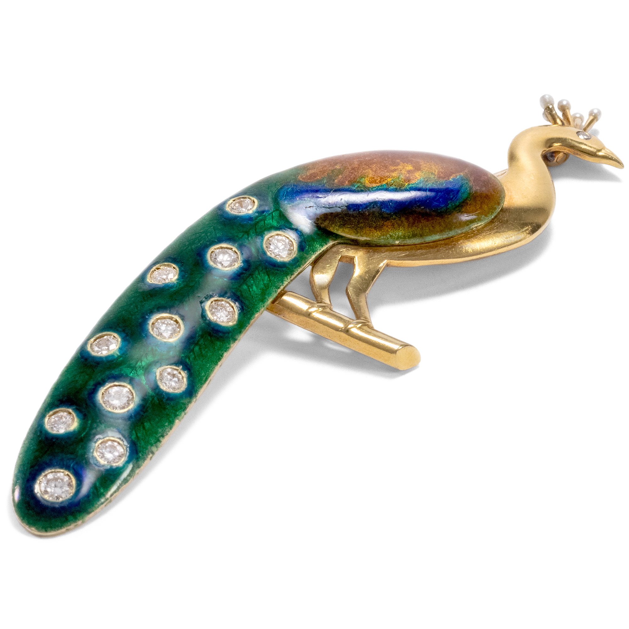 Precious Peacock Brooch of Gold, Enamel & Diamonds, ca. 1970