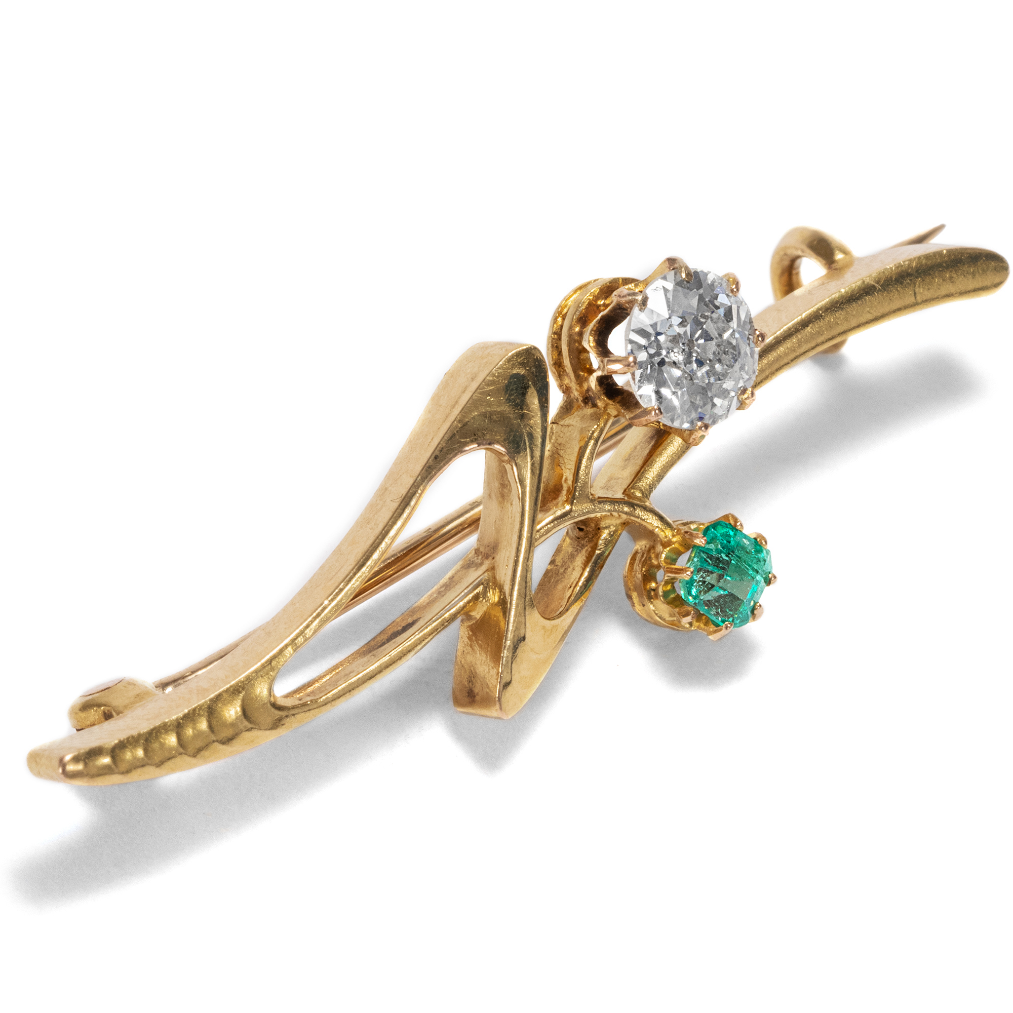 Art Nouveau Brooch With Emerald & Diamond In Gold, ca. 1905