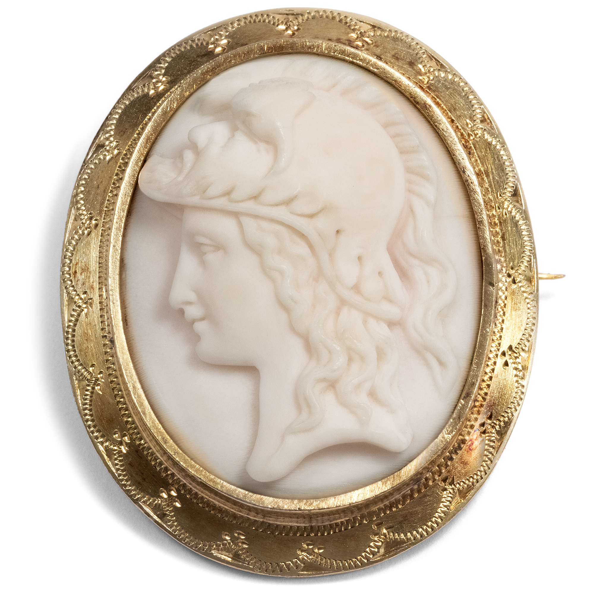 Antique Brooch With Conch Cameo of the Minerva in Gilt Silver Setting, ca. 1865