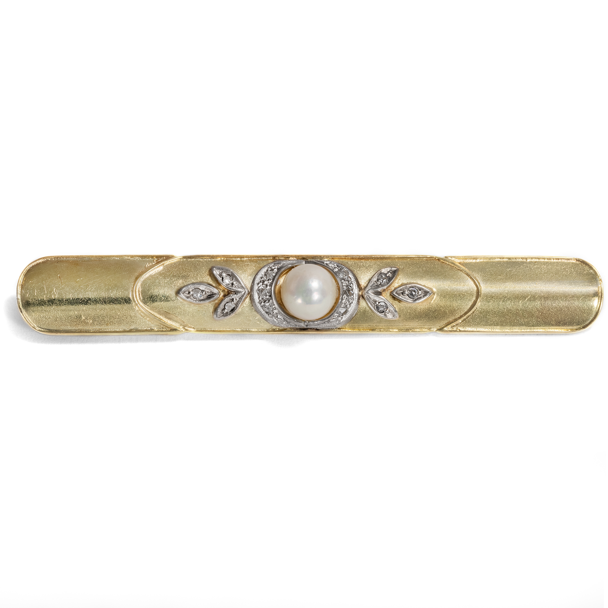 Handmade Vintage Brooch With Pearl & Diamonds in Gold, Around 1950