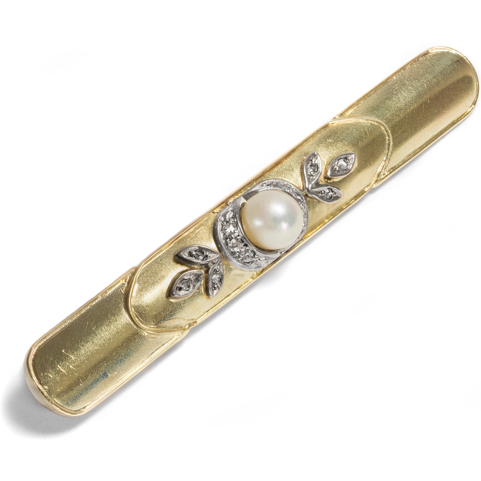 Handmade Vintage Brooch With Pearl & Diamonds in Gold, Around 1950