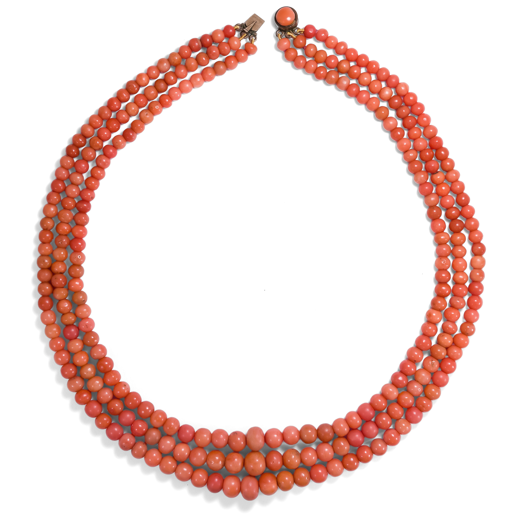 Three Row Graduated Italian Salmon Coral Necklace, Italy ca. 1900