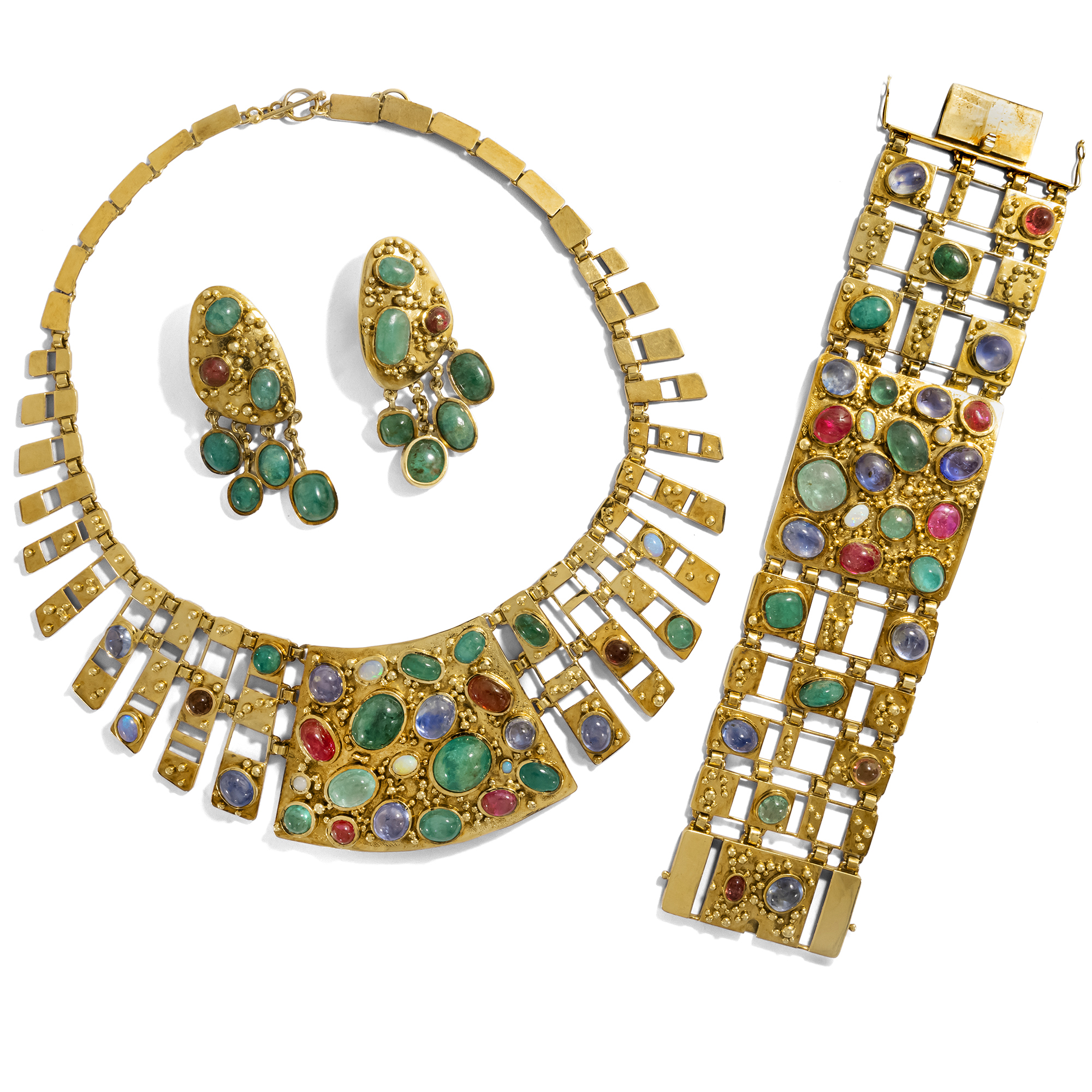 Großartige vintage Parure aus Bib-Collier, Armband & Ohrringen mit Farbedelsteinen in Gold, 1950er Jahre