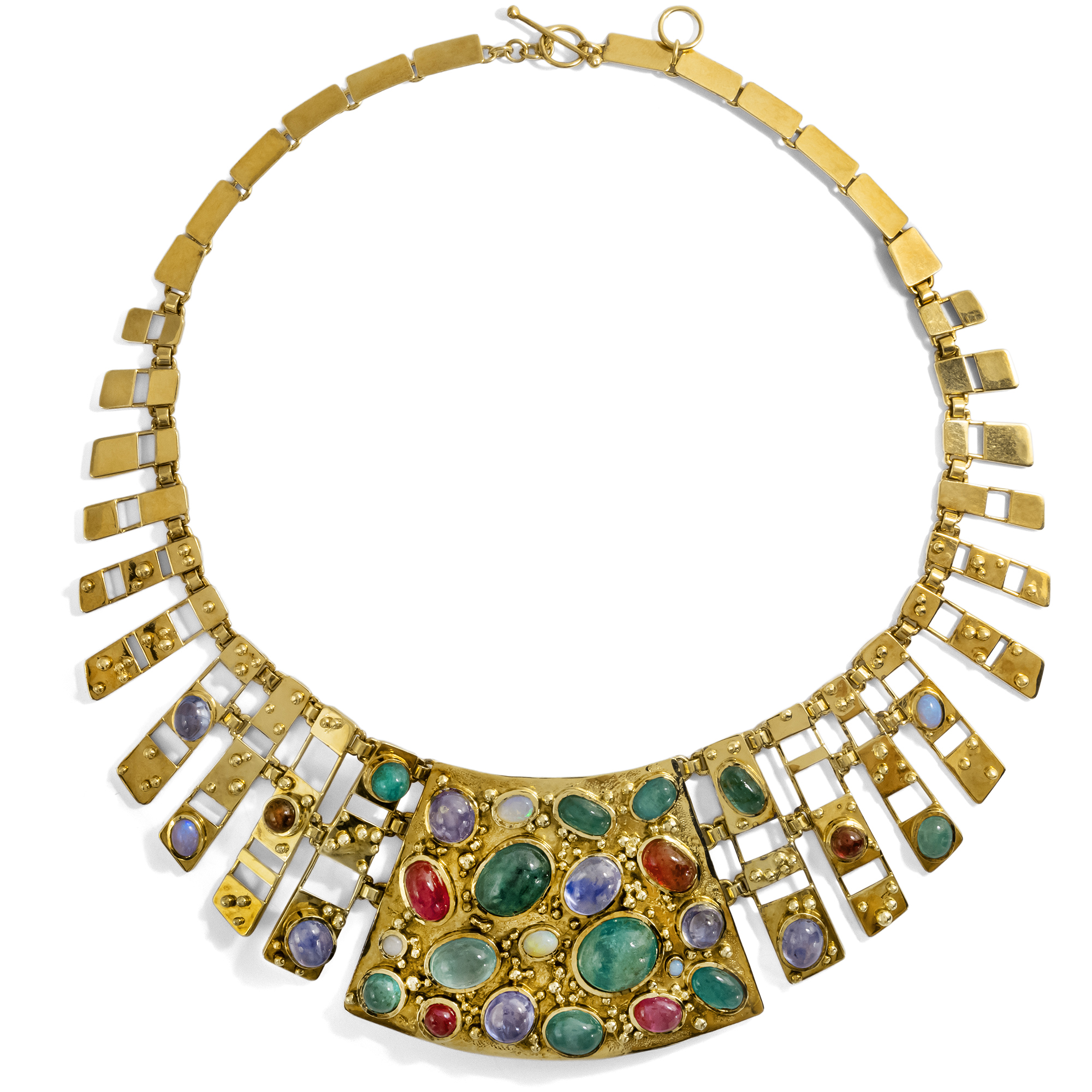 Großartige vintage Parure aus Bib-Collier, Armband & Ohrringen mit Farbedelsteinen in Gold, 1950er Jahre