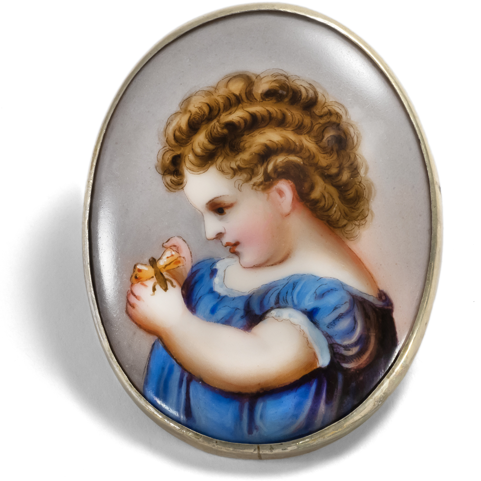 Touching Biedermeier Brooch With Porcelain Painting, ca. 1845