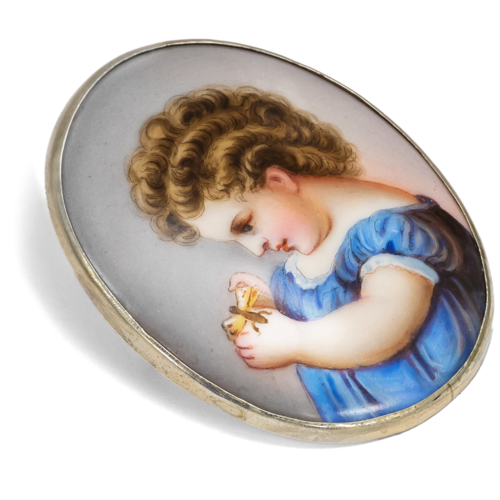 Touching Biedermeier Brooch With Porcelain Painting, ca. 1845