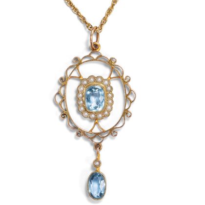 Antiker Anhänger mit Aquamarinen & Perlen in Gold, Großbritannien um 1910 Antiker Anhänger mit Aquamarinen & Perlen in Gold, Großbritannien um 1910