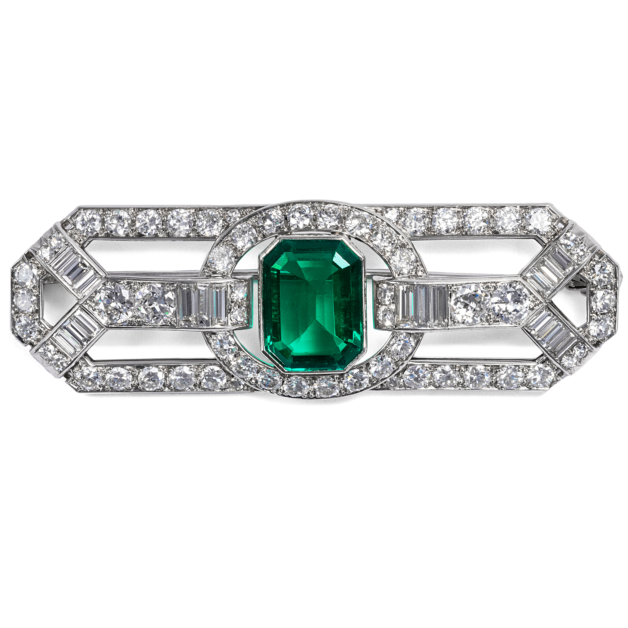 Luxurious Art Deco Brooch With Colombian Emerald & Diamonds in Platinum, ca. 1930