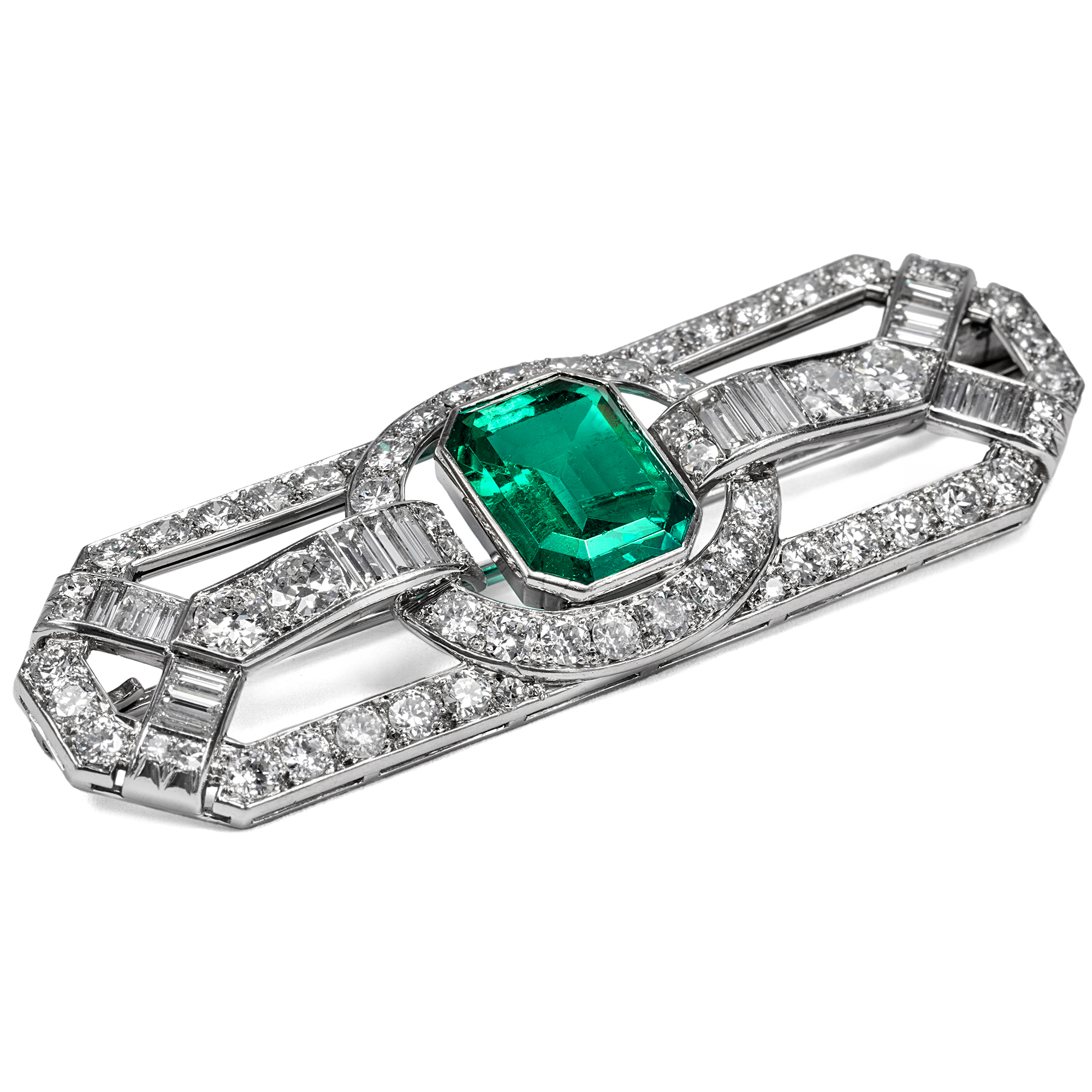 Luxurious Art Deco Brooch With Colombian Emerald & Diamonds In Platinum, ca. 1930