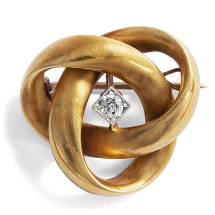 Romantische Knoten-Brosche mit Altschliff-Diamant in Gold, Deutschland um 1905 Romantische Knoten-Brosche mit Altschliff-Diamant in Gold, Deutschland um 1905
