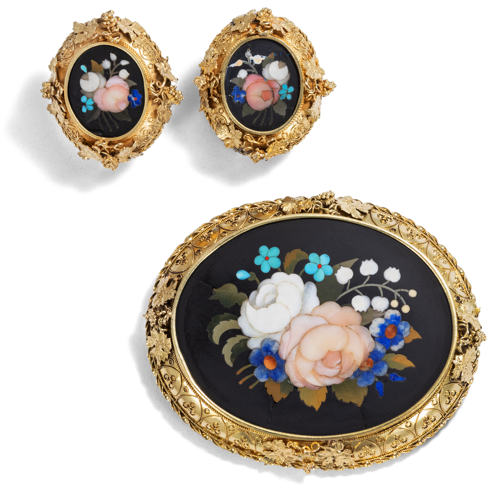 Excellent Demi-Parure Pietra Dura set in Gold, Florence ca. 1875